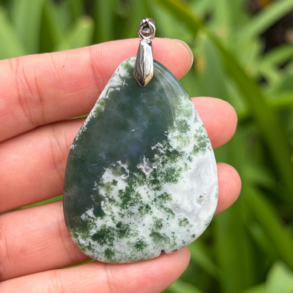 Sterling silver 925 stamped druzy green moss agate freeform pendant 0912